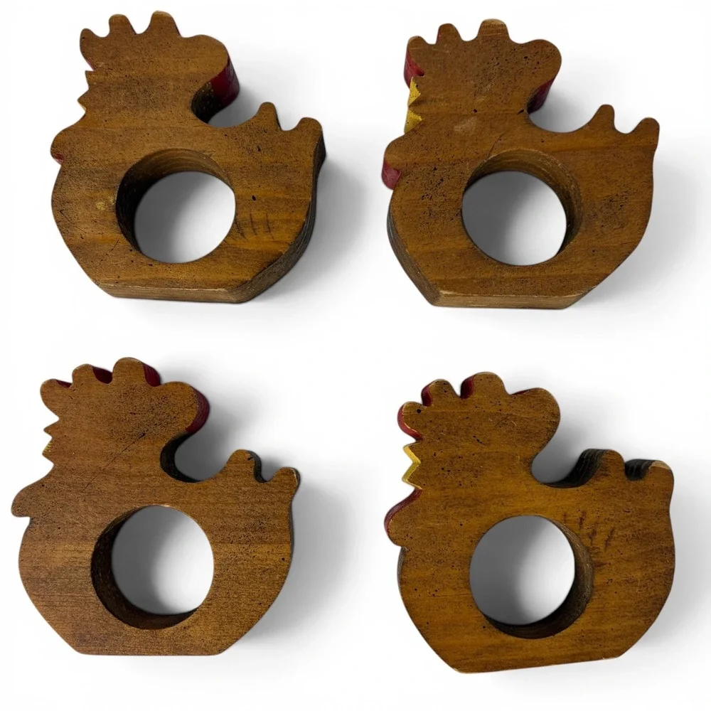 Set‎ of 4 Wooden Chicken Napkin Rings Hand Painted Country Farmhouse Decor Vtg
